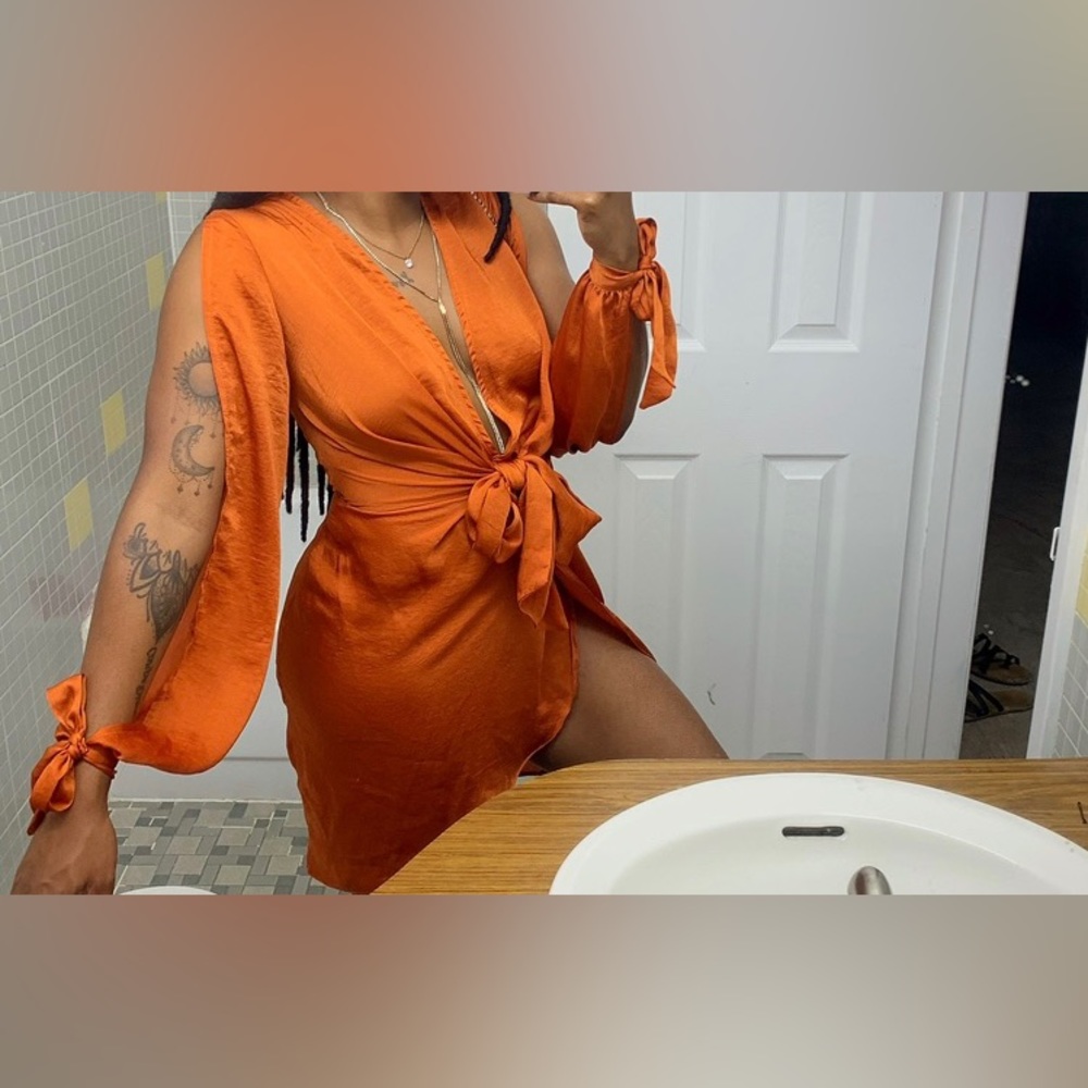 PLT Orange Satin Twist Front Open Sleeve Wrap Dress, Size US 2, Worn Once